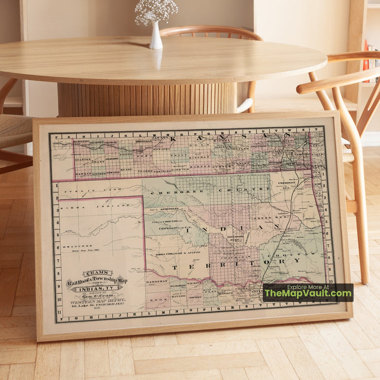 Indian Territory (Oklahoma) Map 1878 Railroad Print - Tahlequah, Muskogee, Fort Gibson - image 1