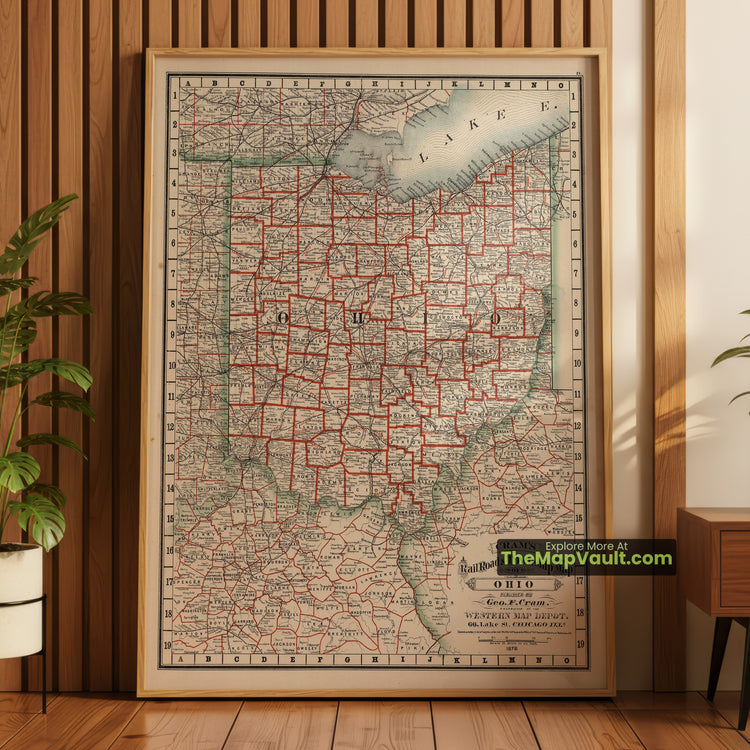 Ohio Map 1878 Railroad Print - Columbus, Cincinnati, Cleveland - image 1
