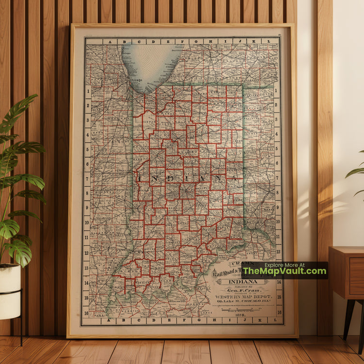 Indiana Map 1878 Railroad Print - Indianapolis, Fort Wayne, Evansville - image 1
