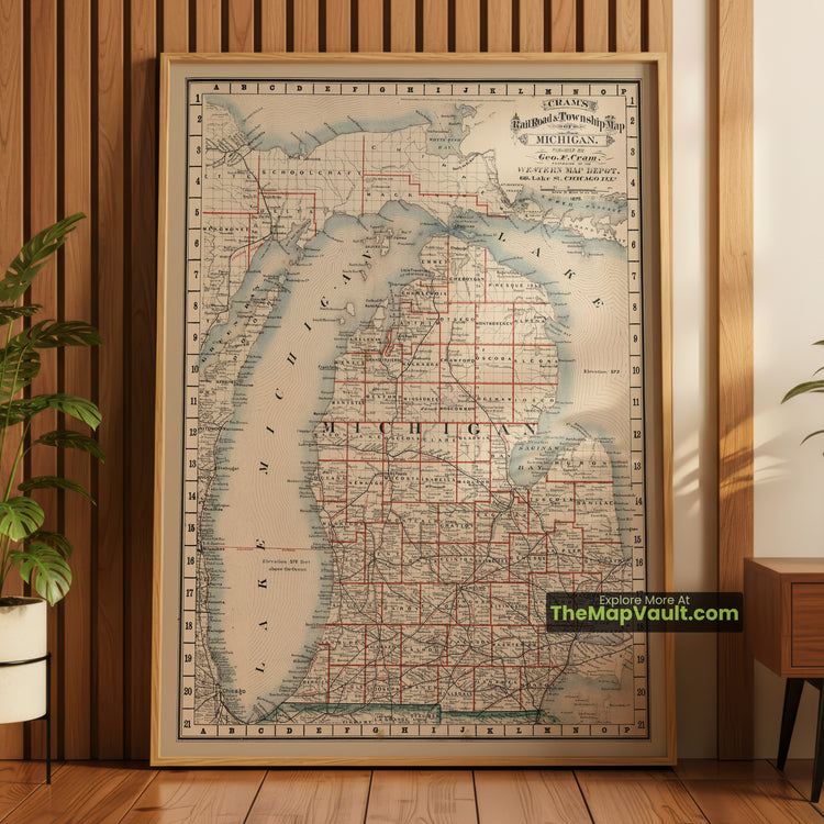 Michigan Map 1878 Railroad Print - Lansing, Detroit, Grand Rapids - image 1