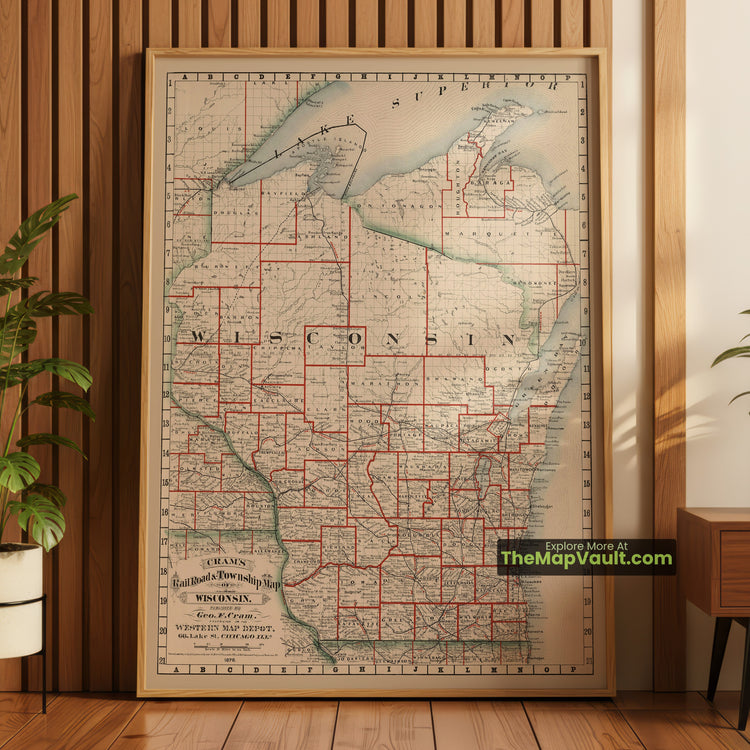 Wisconsin Map 1878 Railroad Print - Madison, Milwaukee, Green Bay - image 1