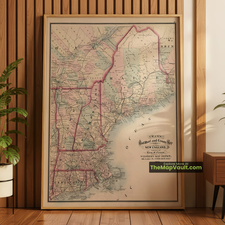 New England Map 1878 Railroad Print - Portland, Concord, Montpelier, Boston, Providence - image 1