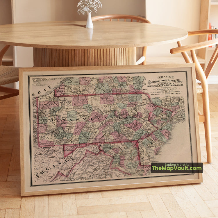 Pennsylvania, Maryland, New Jersey & Delaware Map 1878 Railroad Print - Harrisburg, Annapolis, Trenton, Dover - image 1