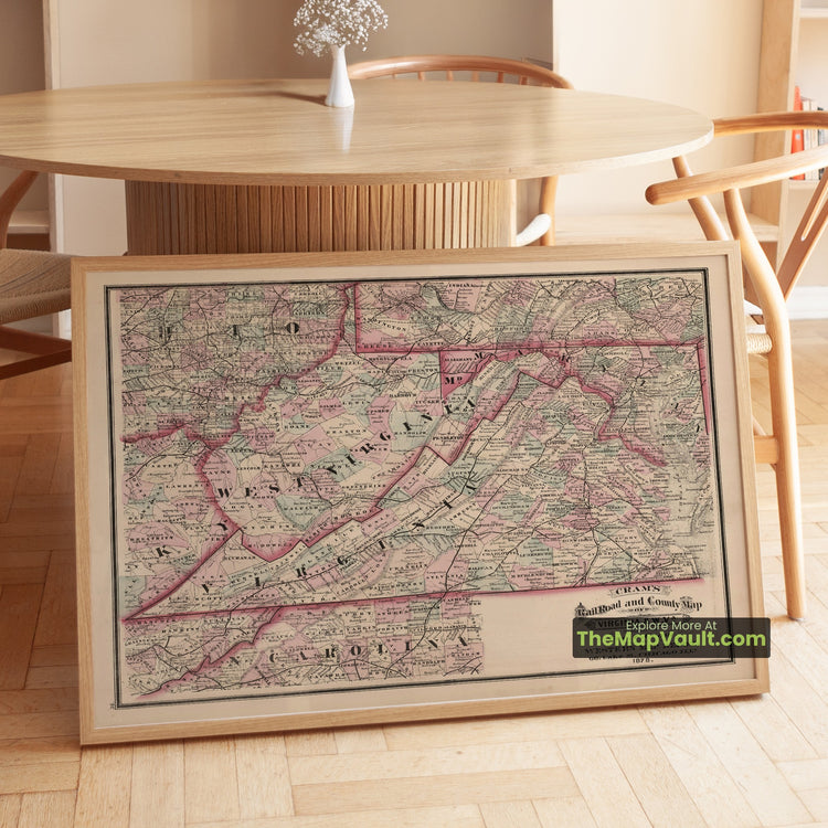 Virginia & West Virginia Map 1878 Railroad Print - Richmond, Wheeling, Norfolk - image 1