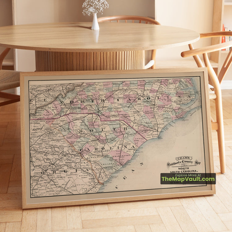North Carolina & South Carolina Map 1878 Railroad Print - Raleigh, Columbia, Charlotte - image 1