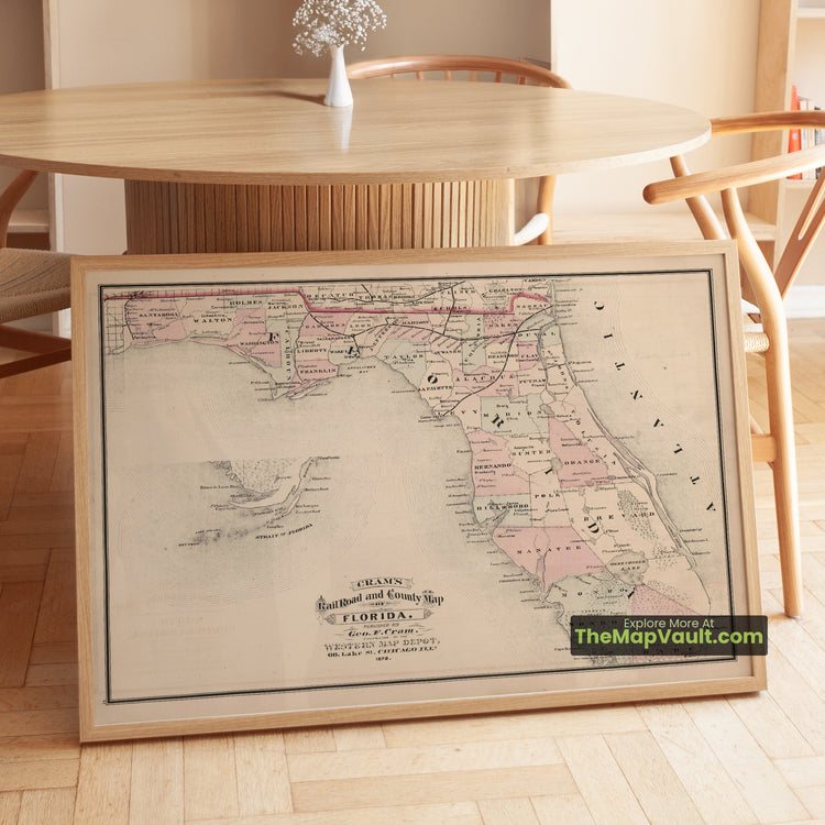 Florida Map 1878 Railroad Print - Tallahassee, Jacksonville, Key West - image 1