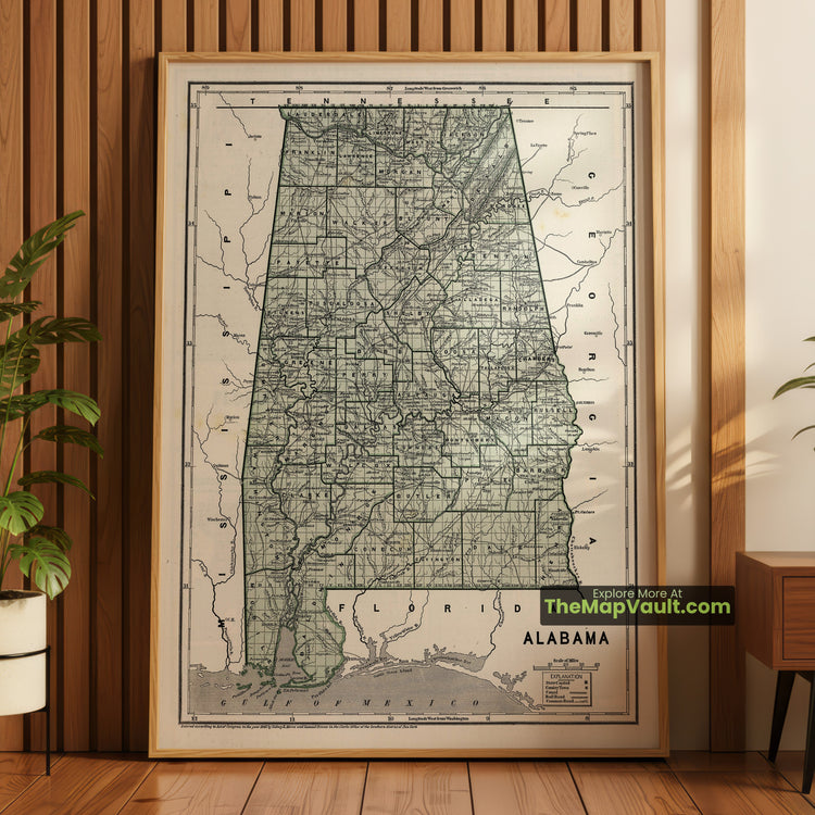 Alabama Map 1845 State Print - Tuscaloosa, Mobile, Montgomery - image 1