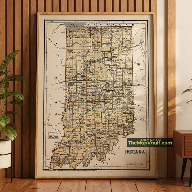 Indiana Map 1845 State Print - Indianapolis, Fort Wayne, Terre Haute - image 1