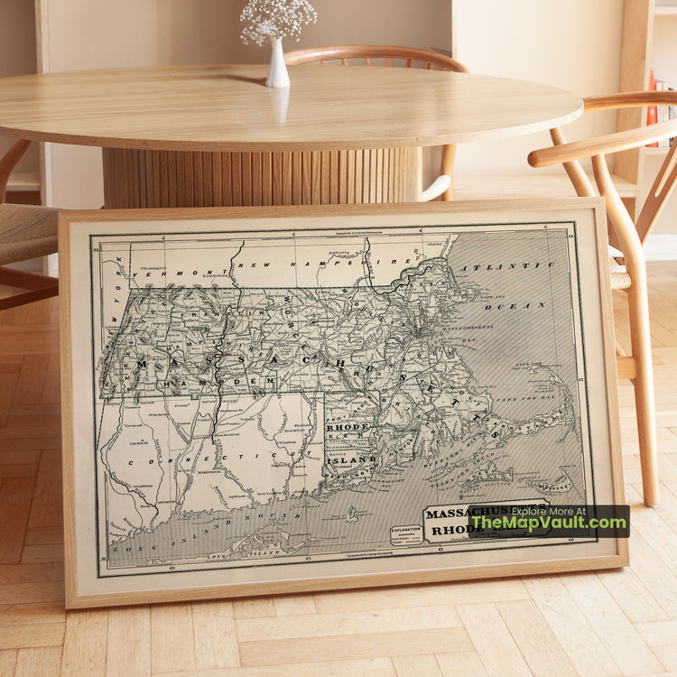 Massachusetts & Rhode Island Map 1845 Regional Print - Boston, Providence, Worcester - image 1