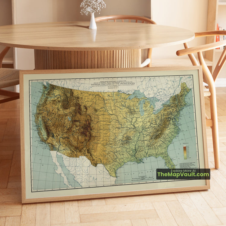 United States Map 1915 Physical Features Print - Rocky Mountains, Appalachians, Mississippi River - image 1