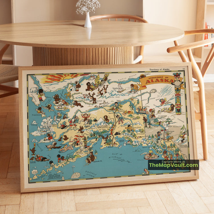 Alaska Map 1935 Pictorial Print - Nome, Fairbanks, Anchorage, Juneau - image 1