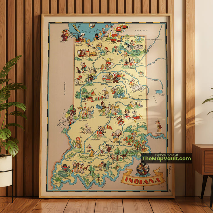 Indiana Map 1935 Pictorial Print - Gary, South Bend, Indianapolis - image 1