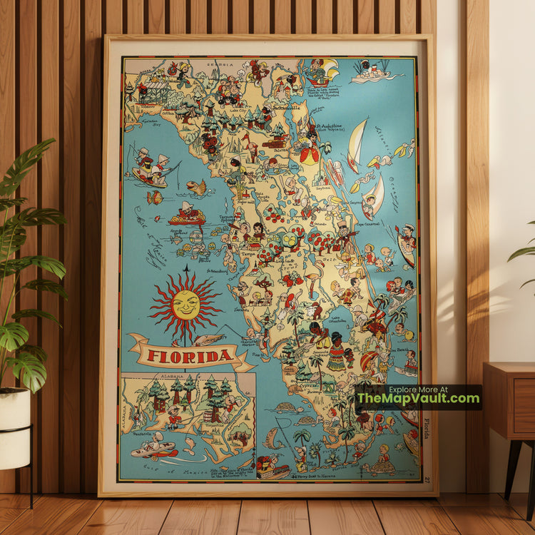 Florida Map 1935 Pictorial Print - St. Augustine, Palm Beach, Key West - image 1