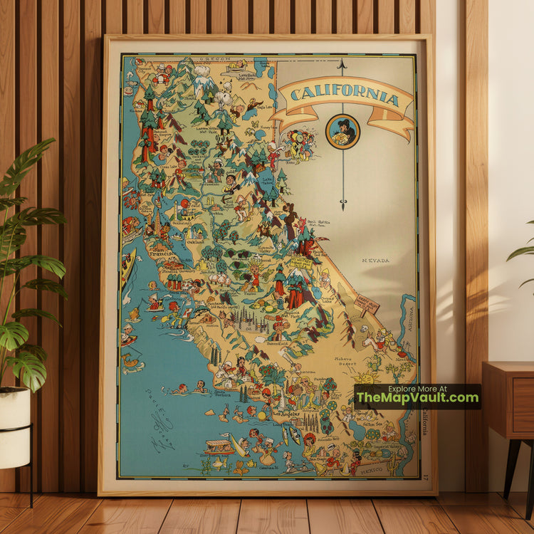 California Map 1935 Pictorial Print - Los Angeles, San Francisco, Sacramento - image 1