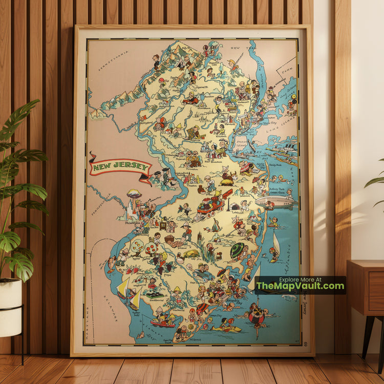 New Jersey Map 1935 Pictorial Print - Princeton, Newark, Trenton - image 1