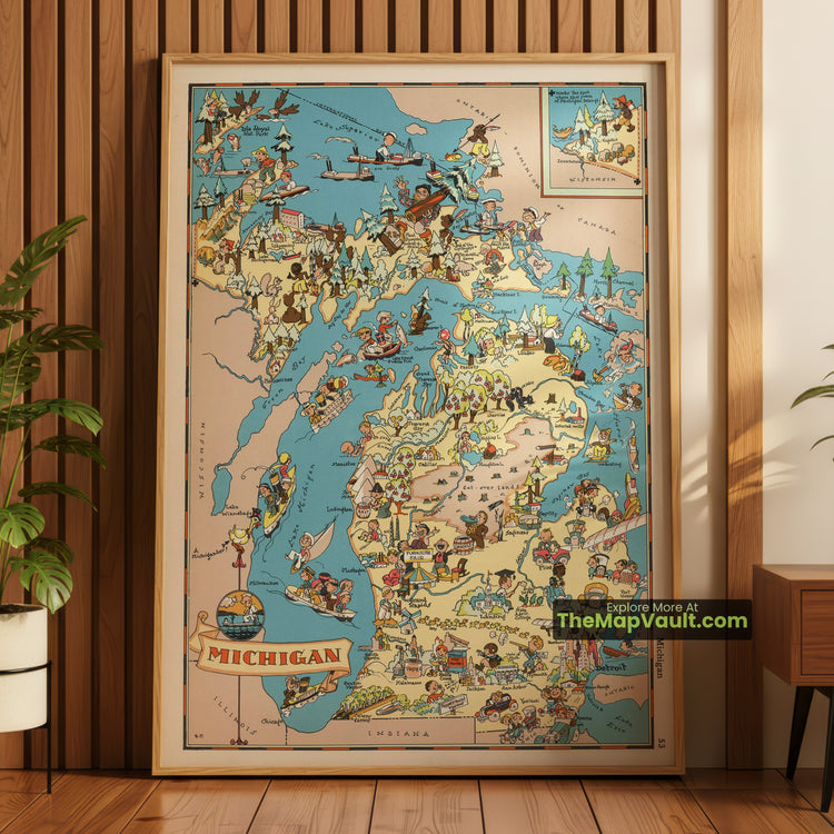 Michigan Map 1935 Pictorial Print - Detroit, Grand Rapids, Lansing - image 1