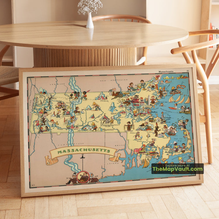 Massachusetts Map 1935 Pictorial Print - Boston, Plymouth, Cape Cod - image 1