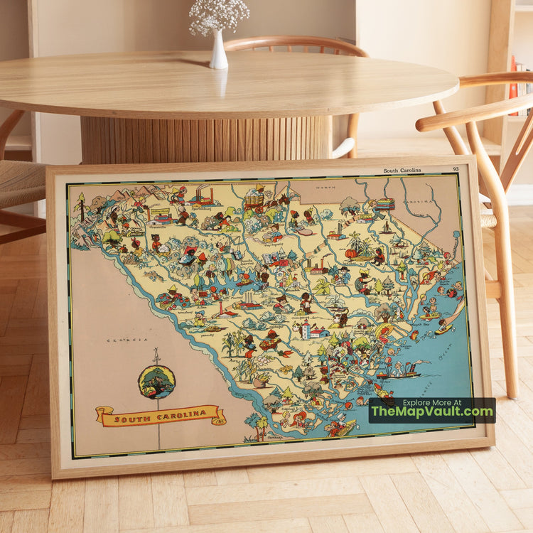 South Carolina Map 1935 Pictorial Print - Columbia, Charleston, Greenville - image 1