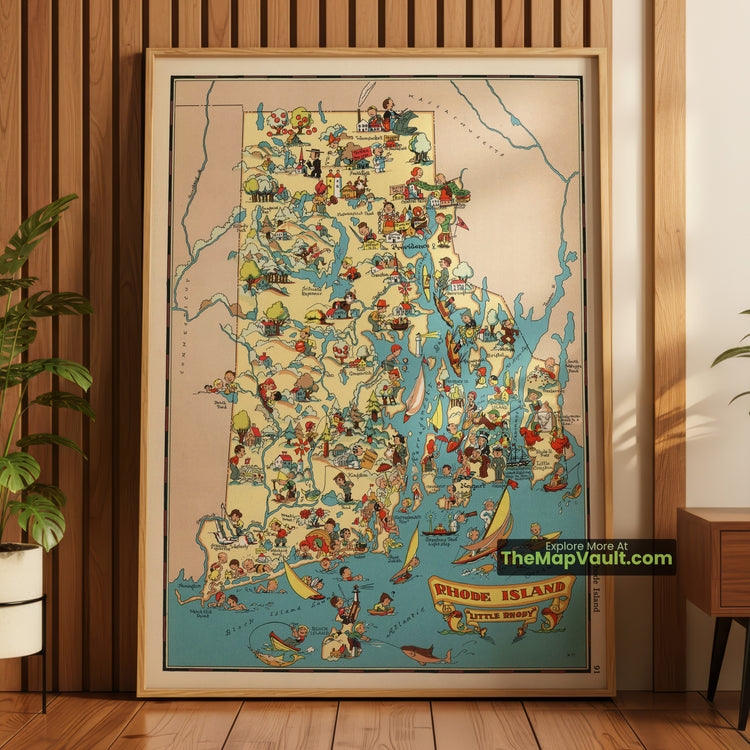 Rhode Island Map 1935 Pictorial Print - Providence, Newport, Woonsocket - image 1