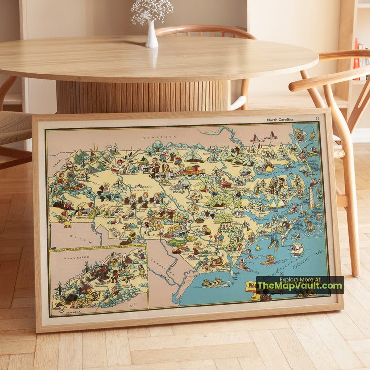 North Carolina Map 1935 Pictorial Print - High Point, Gastonia, Raleigh - image 1