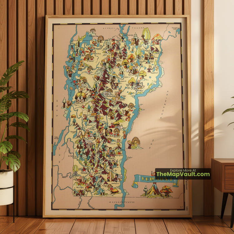 Vermont Map 1935 Pictorial Print - Burlington, Montpelier, Green Mountains - image 1