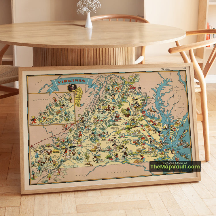Virginia Map 1935 Pictorial Print - Richmond, Monticello, Blue Ridge Mountains - image 1