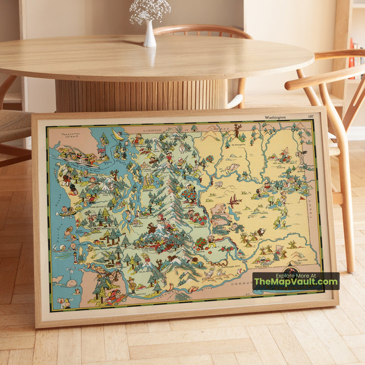 Washington Map 1935 Pictorial Print - Seattle, Spokane, Mount Rainier - image 1