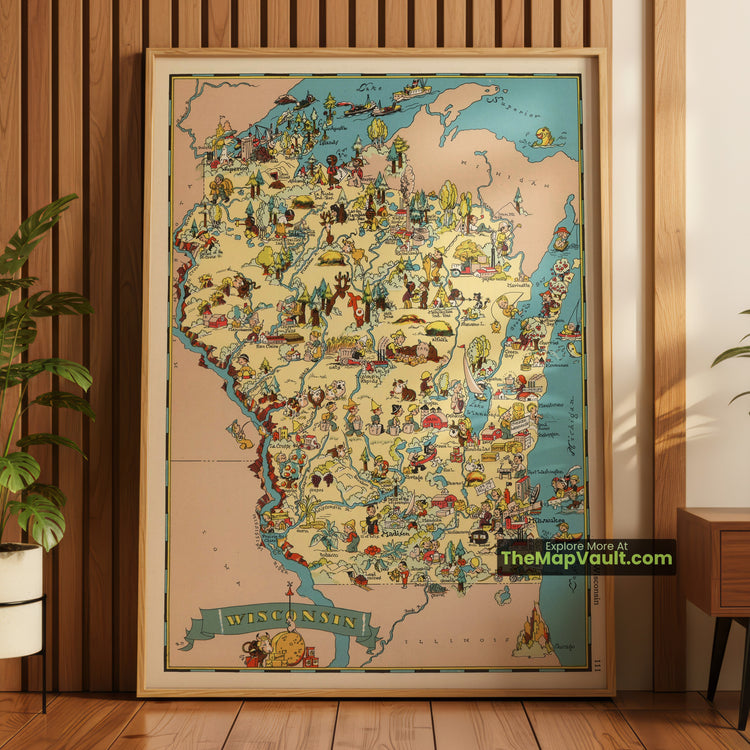 Wisconsin Map 1935 Pictorial Print - Milwaukee, Madison, Green Bay - image 1