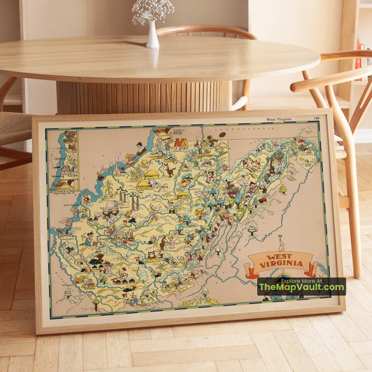 West Virginia Map 1935 Pictorial Print - Charleston, Appalachian Mountains, Huntington - image 1