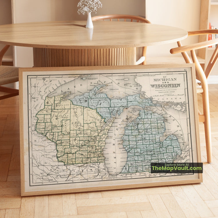 Michigan & Wisconsin Map 1865 Regional Print - Detroit, Grand Rapids, Milwaukee, Madison - image 1