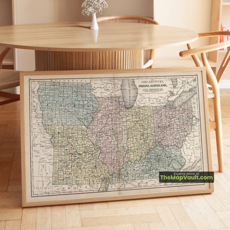 Ohio, Kentucky, Indiana, Illinois, Iowa & Missouri Map 1865 Regional Print - Columbus, Louisville, Indianapolis, Chicago, Des Moines, St. Louis - image 1