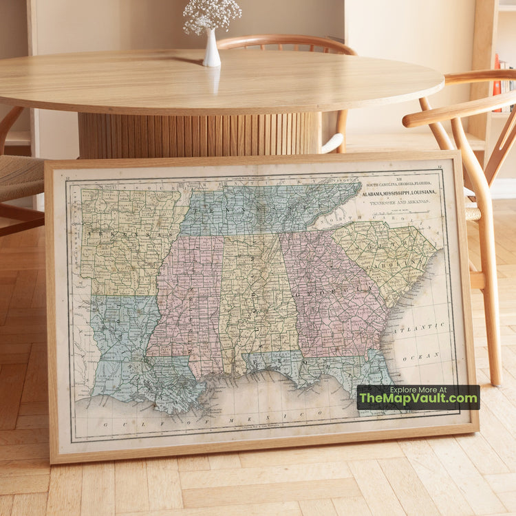 South Carolina, Georgia, Florida, Alabama, Mississippi, Louisiana, Tennessee & Arkansas Map 1865 Regional Print - Charleston, Atlanta, Tallahassee, Montgomery, Jackson, New Orleans, Nashville, Little Rock - image 1