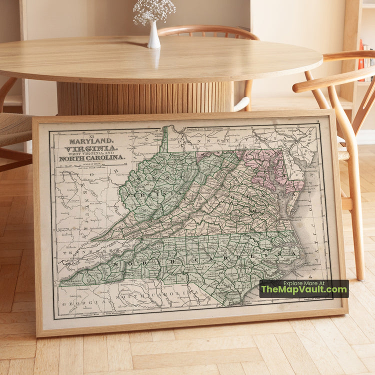 Maryland, Virginia, West Virginia & North Carolina Map 1865 Regional Print - Baltimore, Richmond, Wheeling, Raleigh - image 1