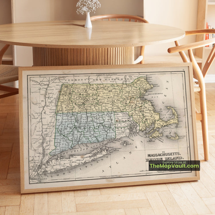 Massachusetts, Rhode Island & Connecticut Map 1865 Regional Print - Boston, Providence, Hartford - image 1