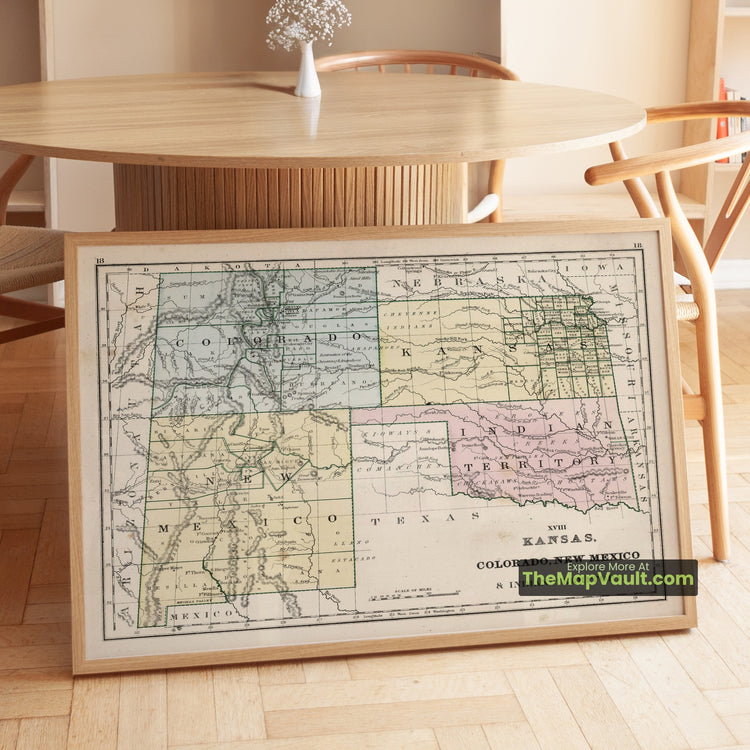 Kansas, Colorado, New Mexico & Indian Territory Map 1865 Regional Print - Topeka, Denver, Santa Fe, Tahlequah - image 1