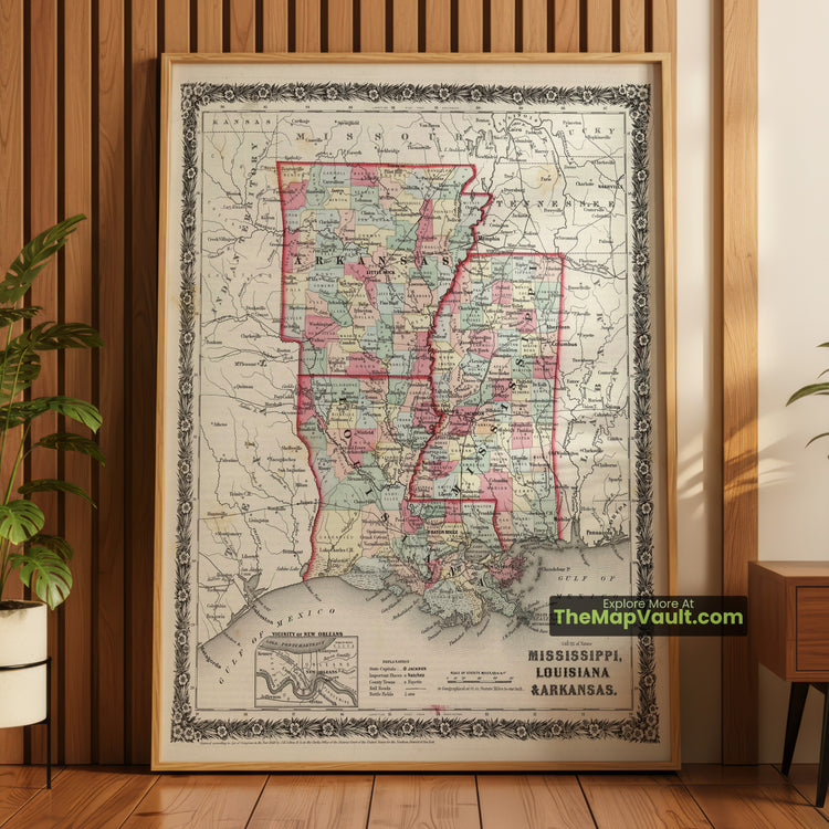 Mississippi, Louisiana & Arkansas Map 1858 Regional Print - New Orleans, Jackson, Little Rock - image 1