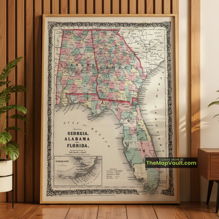 Georgia, Alabama & Florida Map 1858 Regional Print - Savannah, Montgomery, Key West - image 1