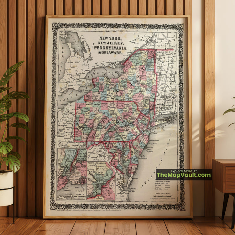 New York, New Jersey, Pennsylvania & Delaware Map 1858 Regional Print - New York City, Philadelphia, Trenton, Dover - image 1