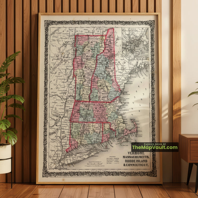 Vermont, Massachusetts, Rhode Island & Connecticut Map 1858 Regional Print - Boston, Montpelier, Providence, Hartford - image 1