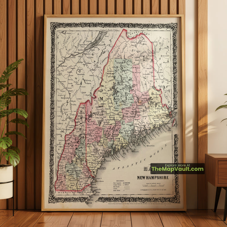 Maine & New Hampshire Map 1858 Regional Print - Portland, Concord, Augusta - image 1