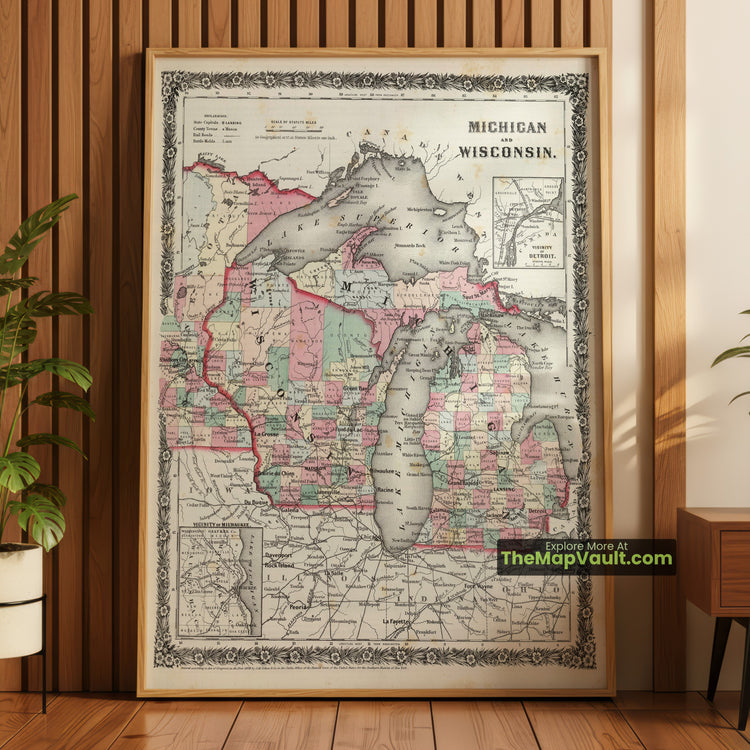 Michigan & Wisconsin Map 1858 Regional Print - Detroit, Milwaukee, Lansing - image 1