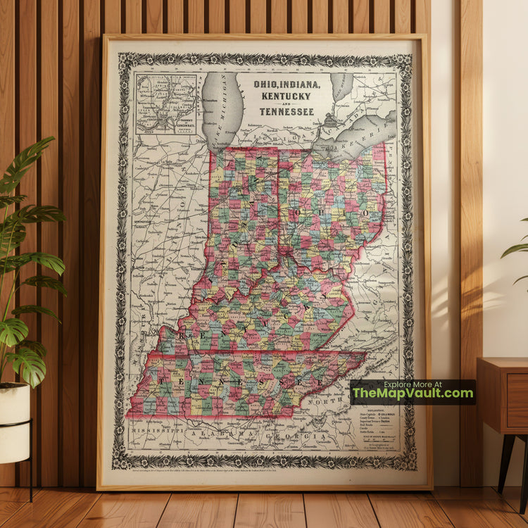 Ohio, Indiana, Kentucky & Tennessee Map 1858 Regional Print - Cincinnati, Indianapolis, Louisville, Nashville - image 1