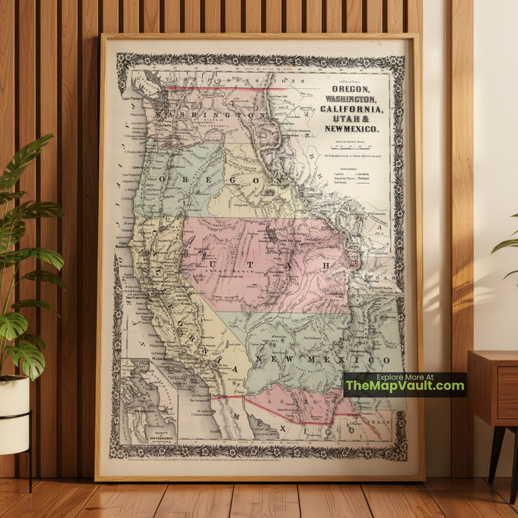 Oregon, Washington, California, Utah & New Mexico Map 1858 Regional Print - San Francisco, Portland, Olympia, Salt Lake City, Santa Fe - image 1