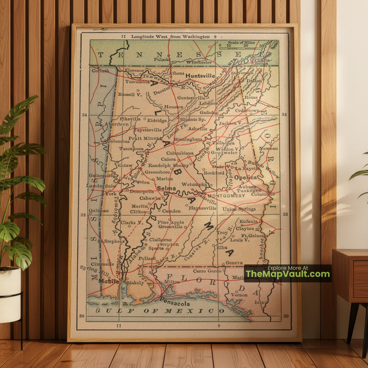 Alabama Map 1885 State Print - Birmingham, Montgomery, Mobile - image 1