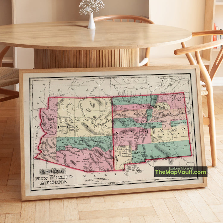Arizona & New Mexico Map 1873 Regional Print - Santa Fe, Tucson, Prescott, Mesilla - image 1