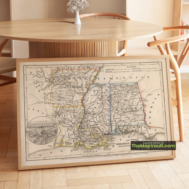 Arkansas, Mississippi, Louisiana & Alabama Map 1850 Regional Print - Little Rock, Jackson, New Orleans, Montgomery - image 1