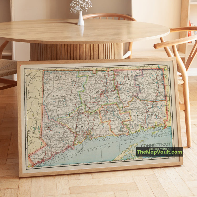 Connecticut Map 1925 State Print - Hartford, New Haven, Bridgeport, Stamford - image 1