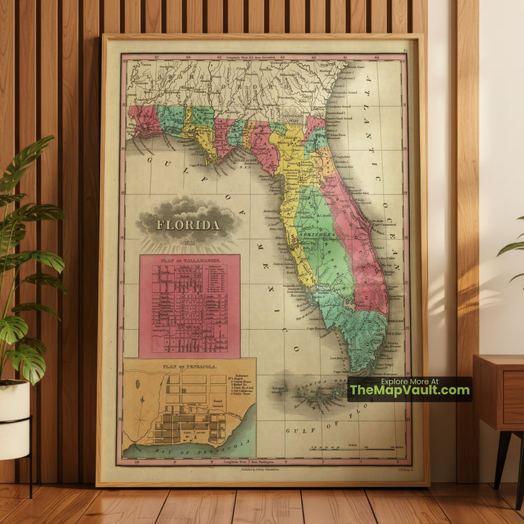 Florida Map 1831 Territorial Print - Tallahassee, Pensacola, St. Augustine, Apalachicola - image 1