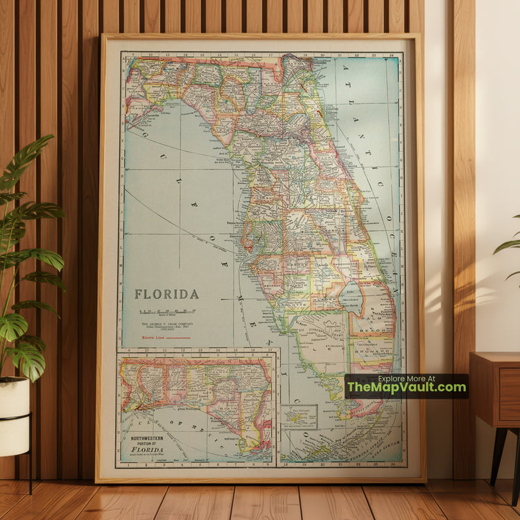 Florida Map 1925 State Print - Jacksonville, Miami, Tampa, Key West - image 1