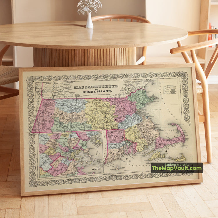 Massachusetts & Rhode Island Map 1856 Regional Print - Boston, Providence, Newport - image 1
